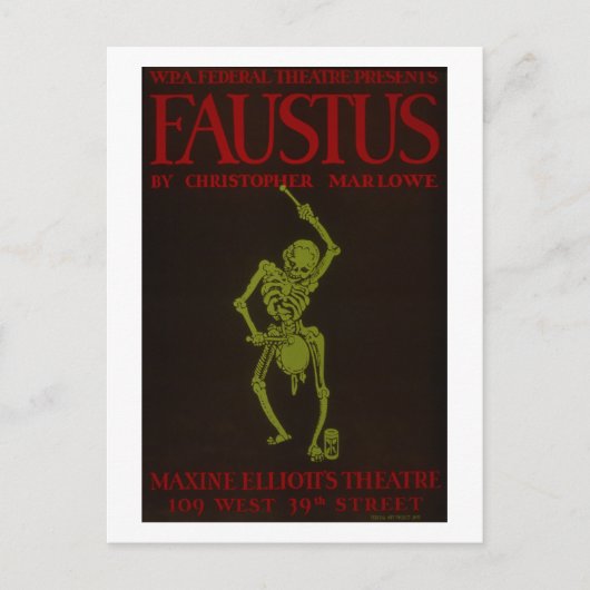 Vintag Christopher Marlowe Faustus Opera WPA Postkarte (Vorderseite)