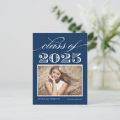 Vintag Class of 2025 Navy Blue Foto Abschluss Postkarte (Stehend Vorderseite)