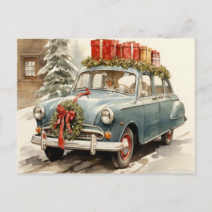 Vintag Classic Blue Christmas Car Feiertagspostkarte