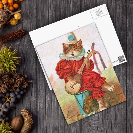 Vintag Clown Jester Musician Cat Mandolin Postkarte