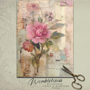 Vintag Collage Pink Rose Ephemera Decoupage Seidenpapier