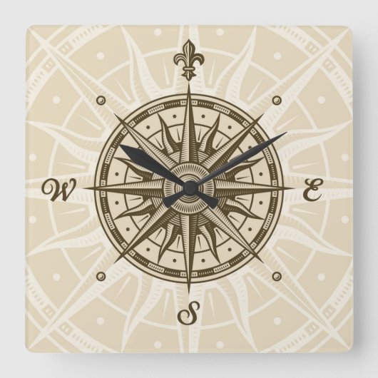 Vintag Compass-Rose Quadratische Wanduhr (Vorderseite)