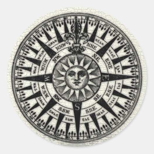 Vintag Compass Rose Sun Runder Aufkleber (Vorderseite)