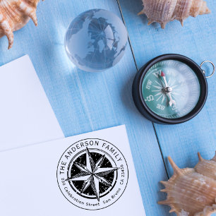 Vintag Compass Round Family Name & Rücksendeadress Permastempel