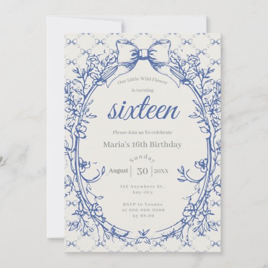 Vintag Coquette Blue Bow Einladung (Vorderseite)