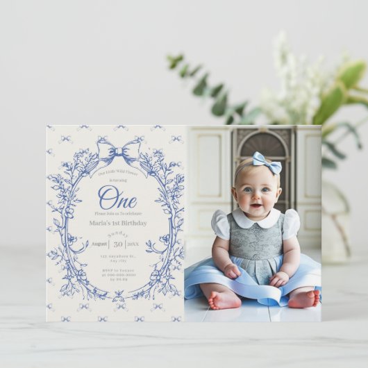 Vintag Coquette Blue Bow Einladung (Stehend Vorderseite)