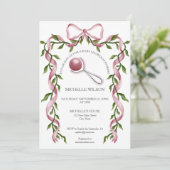 Vintag Coquette Greenery Pink Bow Baby Girl Einladung (Stehend Vorderseite)