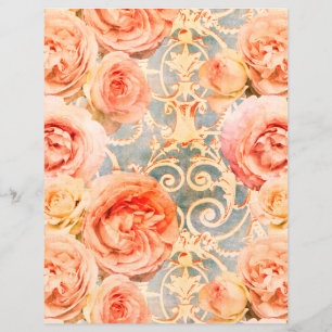 Vintag Coral Rose Floral Damask Scrapbook Paper