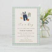 Vintag Country Kariert Boy Kleidung Kinderdusche Einladung (Stehend Vorderseite)