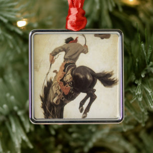 Vintag Cowboy, Bronco Buster Studie von NC Wyeth Silbernes Ornament