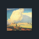 Vintag Cowboys, Open Range von Maynard Dixon Leinwanddruck<br><div class="desc">Open Range (1942) von Maynard Dixon ist ein Vintages amerikanisches Kunstlandschaftsgemälde. Ein Cowboyrancher reitet sein Pferd auf den Ebenen des Südwestens. Er beherbergt seine Kühe, Bullen und Rinder auf der Prärie. Große weiße Wolken füllen den Himmel über den offenen Feldern und den Mesas. Über den Künstler: Maynard Dixon (1875-1946) war...</div>