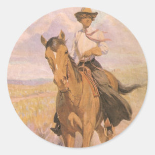 Vintag Cowgirl Cowboy, Woman on Horse von Dunton Runder Aufkleber