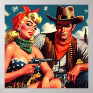 Vintag Cowgirl und Cowboy Poster