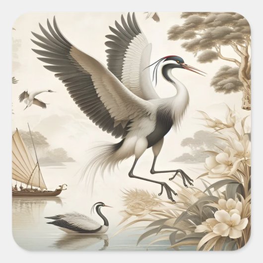 Vintag Cranes Crane Birds Wallpaper Quadratischer Aufkleber (Vorderseite)