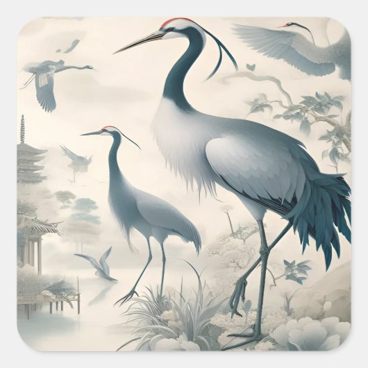 Vintag Cranes Crane Birds Wallpaper Quadratischer Aufkleber (Vorderseite)
