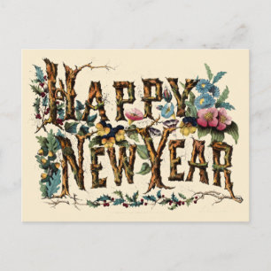 Vintag Currier & Ives 1876 "Happy New Year" Postkarte