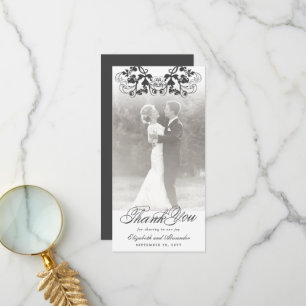 Vintag Damask Black Floral Geblüht Foto Hochzeit Dankeskarte