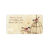 Vintag Damask Chickadees Brown Bird Cage Adressaufkleber (Vorne)