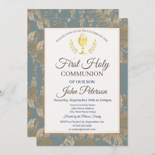 Vintag Damask Erste Heilige Kommune Einladung (Vorne/Hinten)