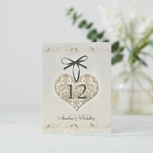 Vintag Damask Herz Silver Gold Tischnummer (Stehend Vorderseite)