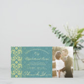 Vintag Damask Lace Peacock Blue Foto Wedding Dankeskarte (Stehend Vorderseite)