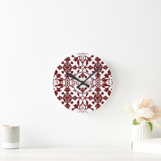 Vintag Damask Monogramm Runde Wanduhr (Zuhause)