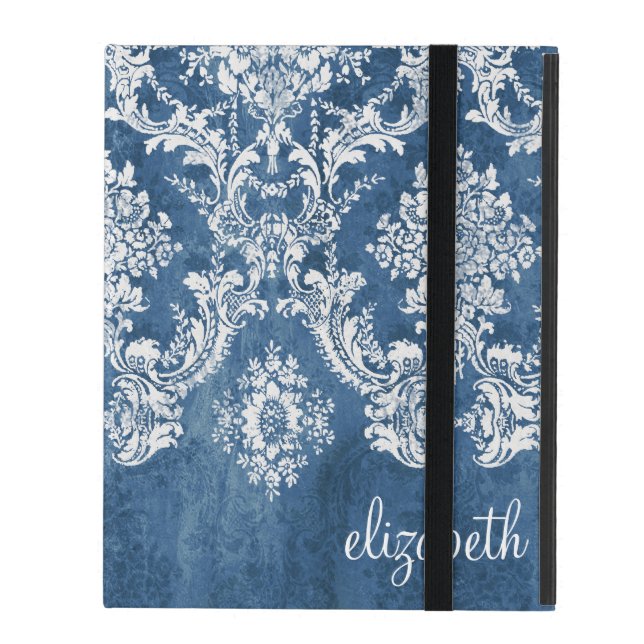 Vintag Damask Muster - Grungy Sapphire Blue iPad Schutzhülle (Vorderseite Geschlossen)