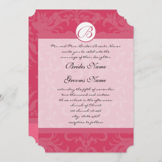 Vintag Damask Pink Monogram Wedding Einladungen (Vorne/Hinten)