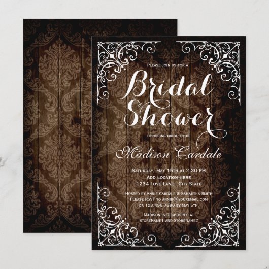 Vintag Damask Rustic Bridal Dusche Einladungen (Vorne/Hinten)