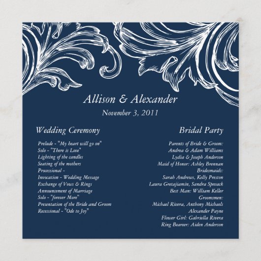 Vintag Damask Wedding Program Navy Blue & White Programm (Vorderseite)