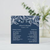 Vintag Damask Wedding Program Navy Blue & White Programm (Stehend Vorderseite)