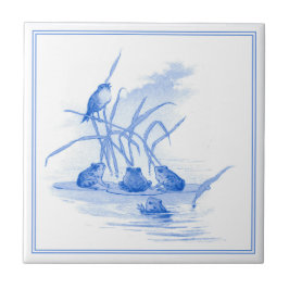 Vintag Delft Blue Art Nouveau Frogs and Bird Fliese