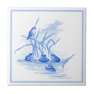 Vintag Delft Blue Art Nouveau Frogs and Bird Fliese