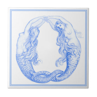 Vintag Delft Blue Art Nouveau Nautical Mermaids Fliese