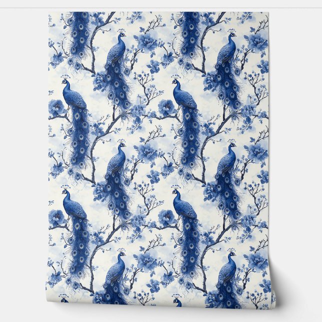 Vintag Delft Blue Chinoiserie Peacock Tapete (Abrollen)