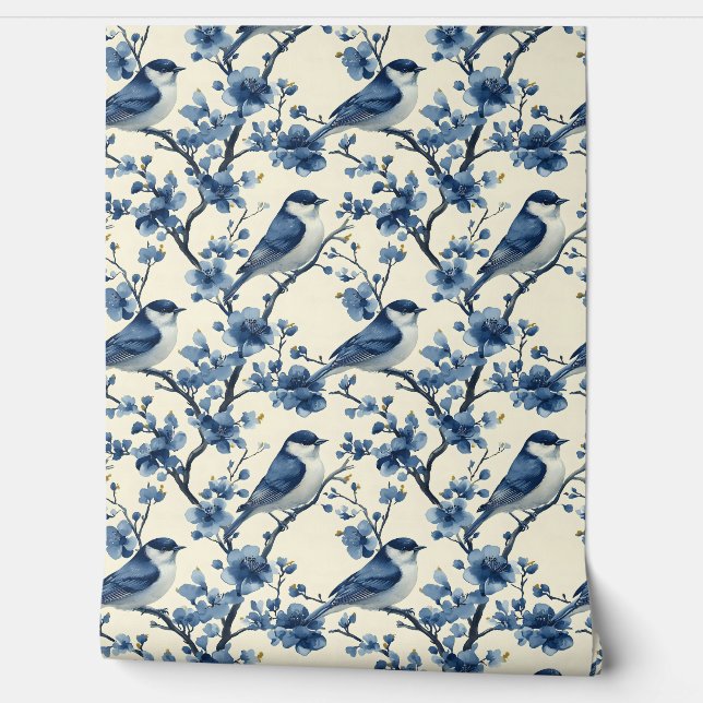 Vintag Delft Blue Little Birds Chinoiserie Tapete (Abrollen)