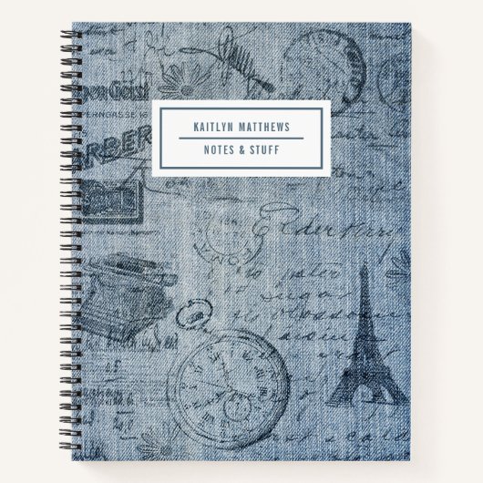 Vintag Denim Eiffel Tower Name Notebook Notizblock (Vorderseite)