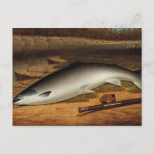Vintag Der große Fang eines Lachs auf der Uferbank Postkarte