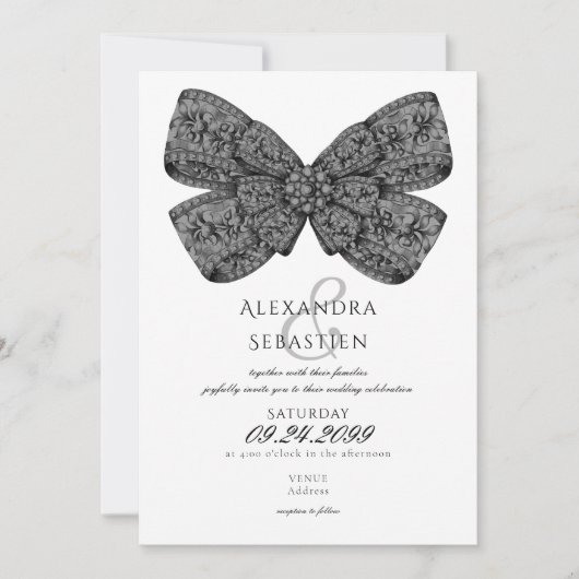 Vintag Diamonds Bow Script Black & White Wedding Einladung (Vorderseite)