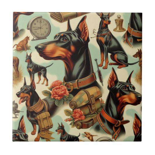 Vintag Doberman Nahtlose Malerei Fliese (Vorderseite)