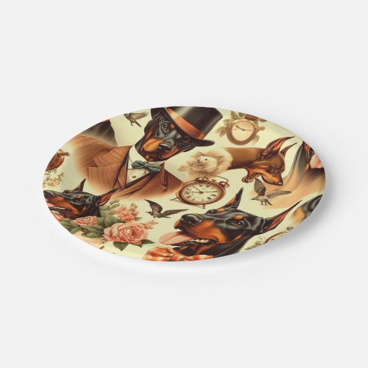 Vintag Doberman Seamless Illustration Pappteller (Schrägansicht)