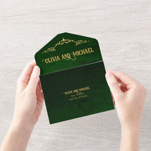 Vintag Dunkelgrün All In One Einladung (Eröffnung)