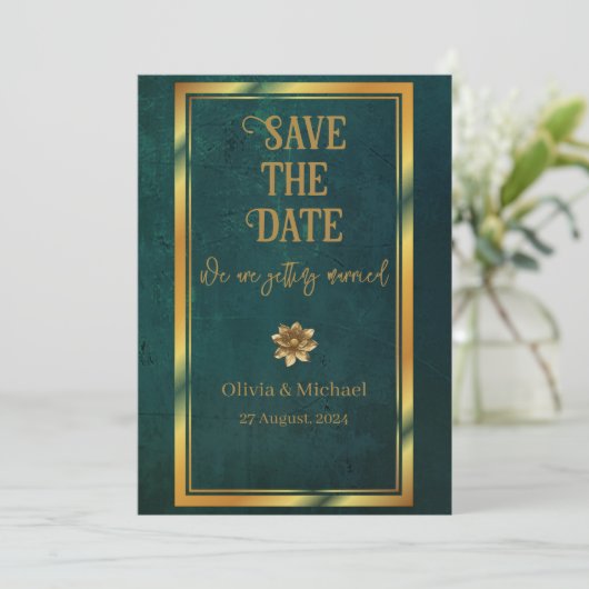 Vintag Dunkelgrün Save The Date (Stehend Vorderseite)