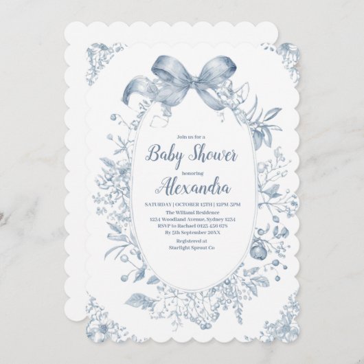 Vintag Dusty Blue Bow Einladung (Vorne/Hinten)