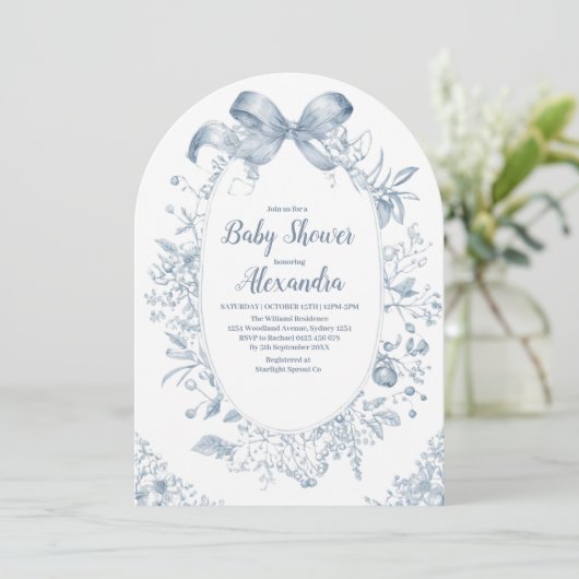 Vintag Dusty Blue Bow Einladung (Stehend Vorderseite)