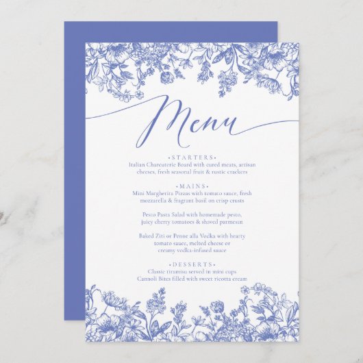 Vintag Dusty Blue Floral Chinoiserie Botanisch Menükarte (Vorne/Hinten)