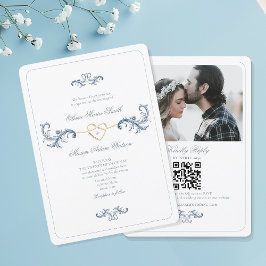 Vintag Dusty Blue Foto Hochzeit Einladung mit QR