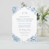 Vintag Dusty Blue Garden Monogram Wedding Einladung (Stehend Vorderseite)