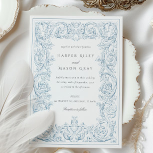 Vintag Dusty Blue Verziert Wedding Scrollwork Einladung