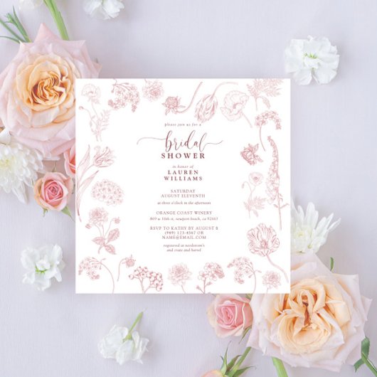 Vintag Dusty Rose Blumenschrift Square Dusche Einladung